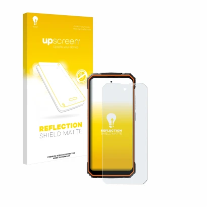 Parte frontal de un envase de producto con el logotipo de la marca upscreen. Al lado se muestra el dispositivo Blackview BV810