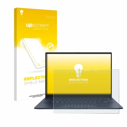 Parte frontal de un envase de producto con el logotipo de la marca upscreen. Al lado se muestra el dispositivo ASUS ZenBook 14