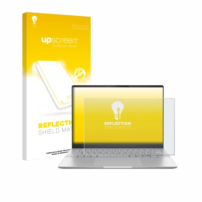 Parte frontal de un envase de producto con el logotipo de la marca upscreen. Al lado se muestra el dispositivo ASUS Vivobook S