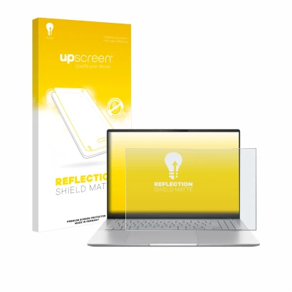 Parte frontal de un envase de producto con el logotipo de la marca upscreen. Al lado se muestra el dispositivo ASUS Vivobook S