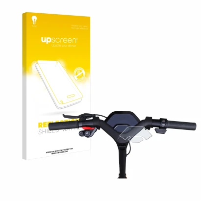 Parte frontal de un envase de producto con el logotipo de la marca upscreen. Al lado se muestra el dispositivo Segway Ninebot 