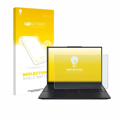 Parte frontal de un envase de producto con el logotipo de la marca upscreen. Al lado se muestra el dispositivo Lenovo ThinkPad