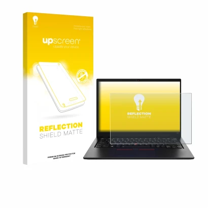 Parte frontal de un envase de producto con el logotipo de la marca upscreen. Al lado se muestra el dispositivo Lenovo ThinkPad