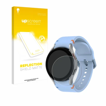 Parte frontal de un envase de producto con el logotipo de la marca upscreen. Al lado se muestra el dispositivo Samsung Galaxy 