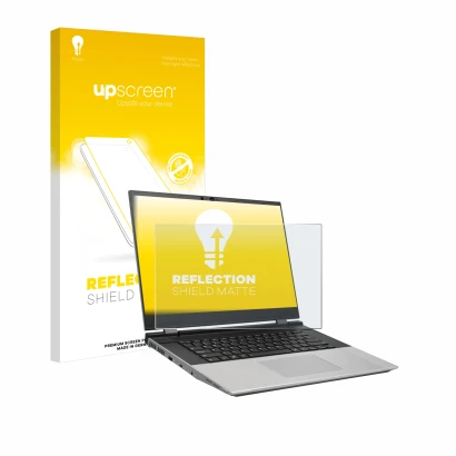 Parte frontal de un envase de producto con el logotipo de la marca upscreen. Al lado se muestra el dispositivo Framework Lapto