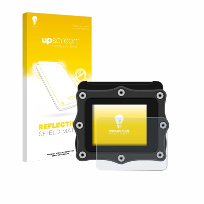 Parte frontal de un envase de producto con el logotipo de la marca upscreen. Al lado se muestra el dispositivo Shearwater Perd