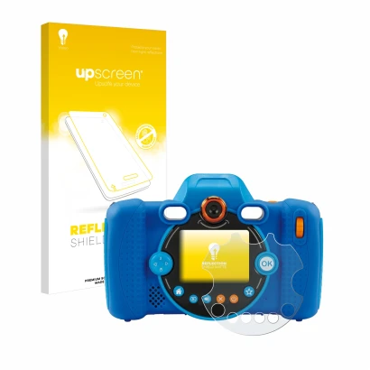Parte frontal de un envase de producto con el logotipo de la marca upscreen. Al lado se muestra el dispositivo Vtech Kidizoom