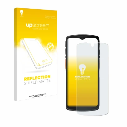 Parte frontal de un envase de producto con el logotipo de la marca upscreen. Al lado se muestra el dispositivo Urovo DT66 con