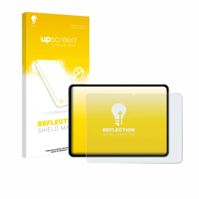 Parte frontal de un envase de producto con el logotipo de la marca upscreen. Al lado se muestra el dispositivo OnePlus Pad 2 c