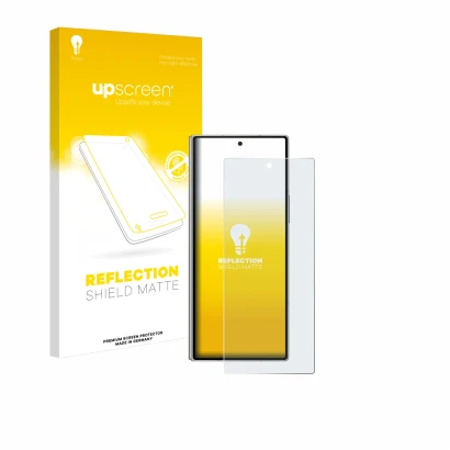 Parte frontal de un envase de producto con el logotipo de la marca upscreen. Al lado se muestra el dispositivo Samsung Galaxy