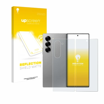Parte frontal de un envase de producto con el logotipo de la marca upscreen. Al lado se muestra el dispositivo Samsung Galaxy 