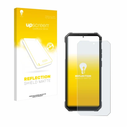 Parte frontal de un envase de producto con el logotipo de la marca upscreen. Al lado se muestra el dispositivo Fossibot F105 c