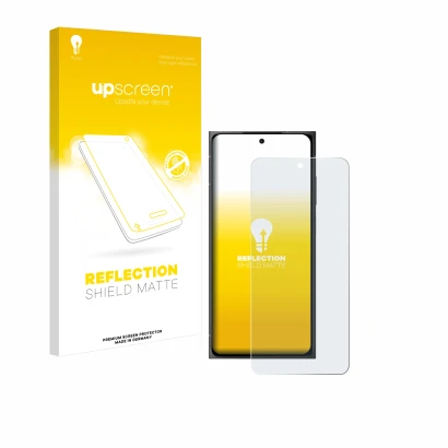 Parte frontal de un envase de producto con el logotipo de la marca upscreen. Al lado se muestra el dispositivo HMD Skyline con
