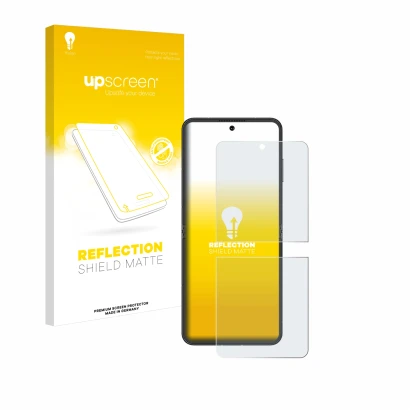 Parte frontal de un envase de producto con el logotipo de la marca upscreen. Al lado se muestra el dispositivo Nubia Flip 5G c