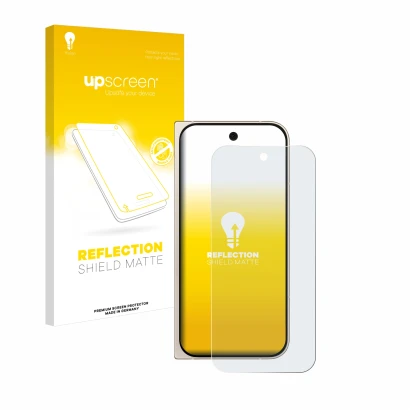 Parte frontal de un envase de producto con el logotipo de la marca upscreen. Al lado se muestra el dispositivo Google Pixel 9