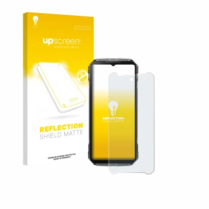 Parte frontal de un envase de producto con el logotipo de la marca upscreen. Al lado se muestra el dispositivo Doogee V40 Pro 