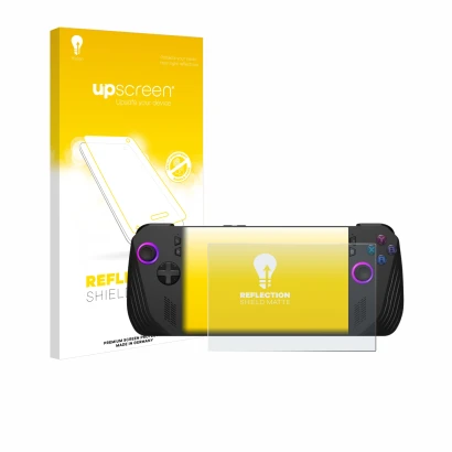 Parte frontal de un envase de producto con el logotipo de la marca upscreen. Al lado se muestra el dispositivo ASUS ROG Ally X