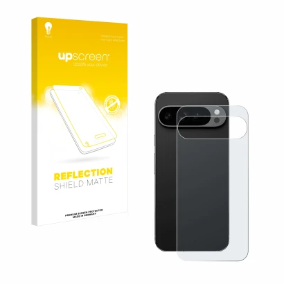 Parte frontal de un envase de producto con el logotipo de la marca upscreen. Al lado se muestra el dispositivo Google Pixel 9 