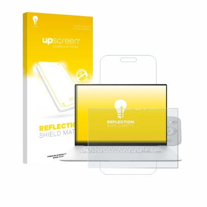 Parte frontal de un envase de producto con el logotipo de la marca upscreen. Al lado se muestra el dispositivo ASUS ZenBook S 