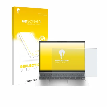 Parte frontal de un envase de producto con el logotipo de la marca upscreen. Al lado se muestra el dispositivo HP ProBook 460