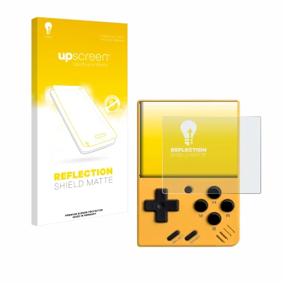 Parte frontal de un envase de producto con el logotipo de la marca upscreen. Al lado se muestra el dispositivo Miyoo Mini V4 c