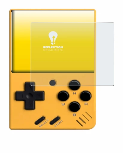 Imagen del dispositivo Miyoo Mini V4 con una amplia variedad de protectores de pantalla.