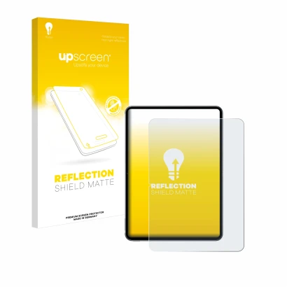 Parte frontal de un envase de producto con el logotipo de la marca upscreen. Al lado se muestra el dispositivo OnePlus Pad 2 (