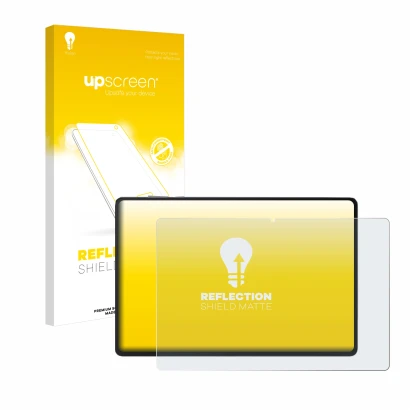 Parte frontal de un envase de producto con el logotipo de la marca upscreen. Al lado se muestra el dispositivo Honor Pad X8a c