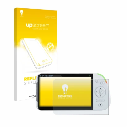 Parte frontal de un envase de producto con el logotipo de la marca upscreen. Al lado se muestra el dispositivo Babysense MaxVi