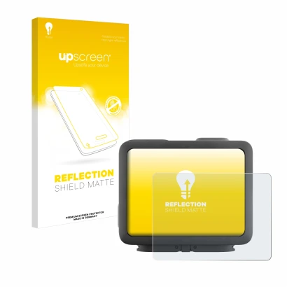 Parte frontal de un envase de producto con el logotipo de la marca upscreen. Al lado se muestra el dispositivo GoPro Hero 4k c