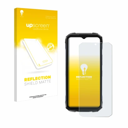Parte frontal de un envase de producto con el logotipo de la marca upscreen. Al lado se muestra el dispositivo Hotwav Hyper 7