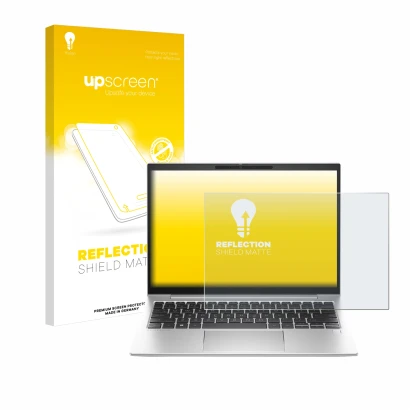 Parte frontal de un envase de producto con el logotipo de la marca upscreen. Al lado se muestra el dispositivo HP EliteBook 83