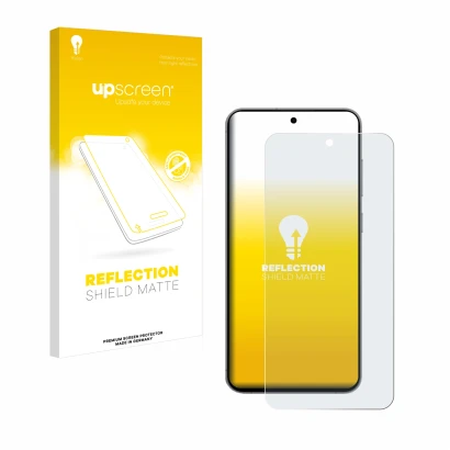 Parte frontal de un envase de producto con el logotipo de la marca upscreen. Al lado se muestra el dispositivo Samsung Galaxy