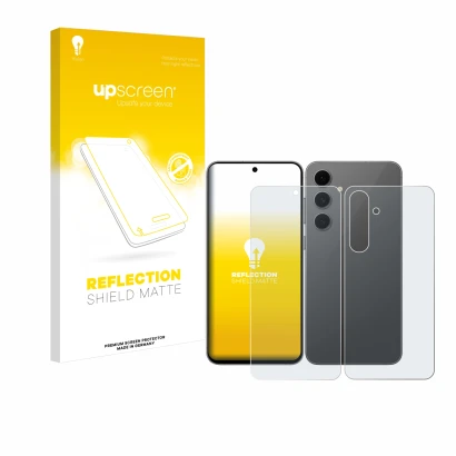 Parte frontal de un envase de producto con el logotipo de la marca upscreen. Al lado se muestra el dispositivo Samsung Galaxy 