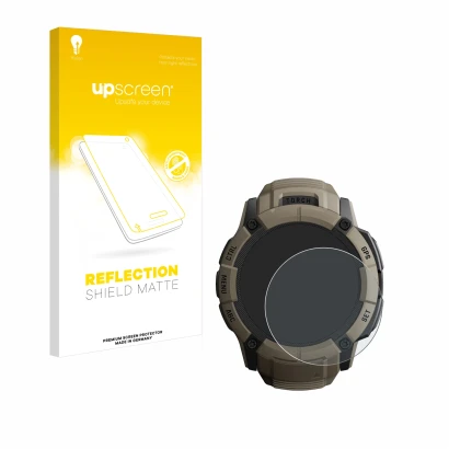 Parte frontal de un envase de producto con el logotipo de la marca upscreen. Al lado se muestra el dispositivo Garmin Instinct