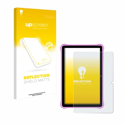 Parte frontal de un envase de producto con el logotipo de la marca upscreen. Al lado se muestra el dispositivo Blackview Tab A