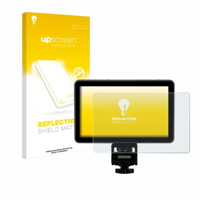 Parte frontal de un envase de producto con el logotipo de la marca upscreen. Al lado se muestra el dispositivo Rollei Viltrox