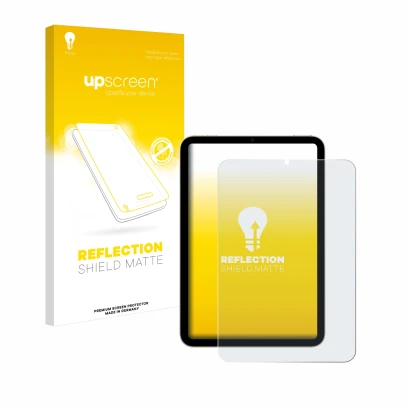 Parte frontal de un envase de producto con el logotipo de la marca upscreen. Al lado se muestra el dispositivo Apple iPad Mini