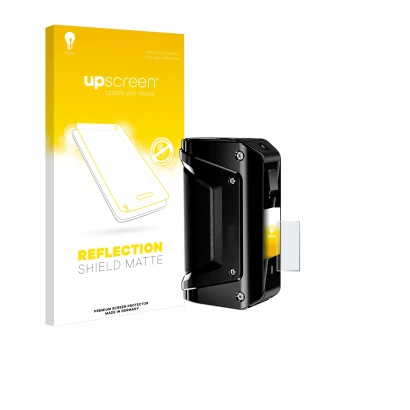 Parte frontal de un envase de producto con el logotipo de la marca upscreen. Al lado se muestra el dispositivo geekvape Aegis