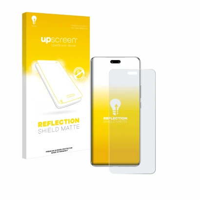 Parte frontal de un envase de producto con el logotipo de la marca upscreen. Al lado se muestra el dispositivo Huawei Nova 13 