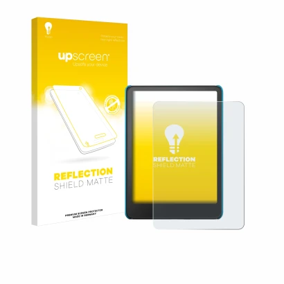 Parte frontal de un envase de producto con el logotipo de la marca upscreen. Al lado se muestra el dispositivo Amazon Kindle P