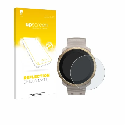 Parte frontal de un envase de producto con el logotipo de la marca upscreen. Al lado se muestra el dispositivo Polar Vantage M