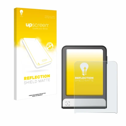 Parte frontal de un envase de producto con el logotipo de la marca upscreen. Al lado se muestra el dispositivo Ledger Flex con