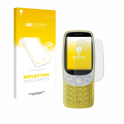 Parte frontal de un envase de producto con el logotipo de la marca upscreen. Al lado se muestra el dispositivo Nokia 3210 con 