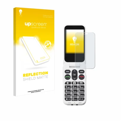 Parte frontal de un envase de producto con el logotipo de la marca upscreen. Al lado se muestra el dispositivo Doro Leva L20 c
