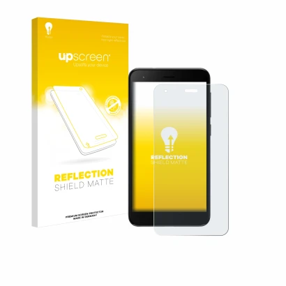 Parte frontal de un envase de producto con el logotipo de la marca upscreen. Al lado se muestra el dispositivo ZTE Blade A35 l
