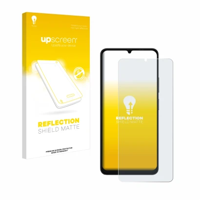 Parte frontal de un envase de producto con el logotipo de la marca upscreen. Al lado se muestra el dispositivo Ulefone Note 20