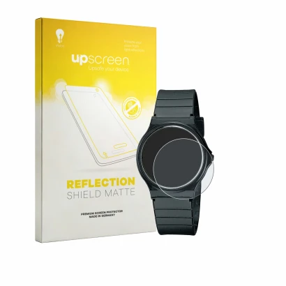 Parte frontal de un envase de producto con el logotipo de la marca upscreen. Al lado se muestra el dispositivo Casio Collectio