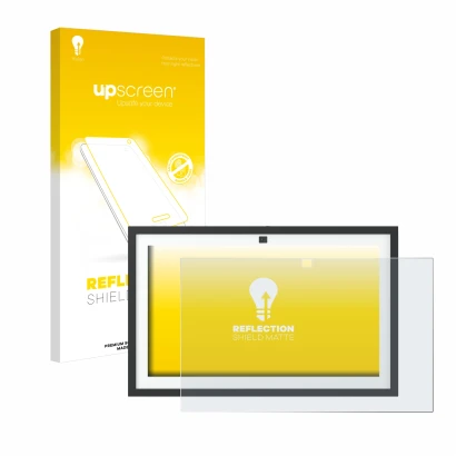 Parte frontal de un envase de producto con el logotipo de la marca upscreen. Al lado se muestra el dispositivo Amazon Echo Sho