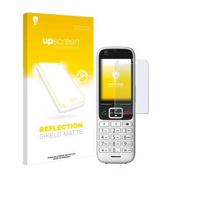 Parte frontal de un envase de producto con el logotipo de la marca upscreen. Al lado se muestra el dispositivo Unify OpenScape
